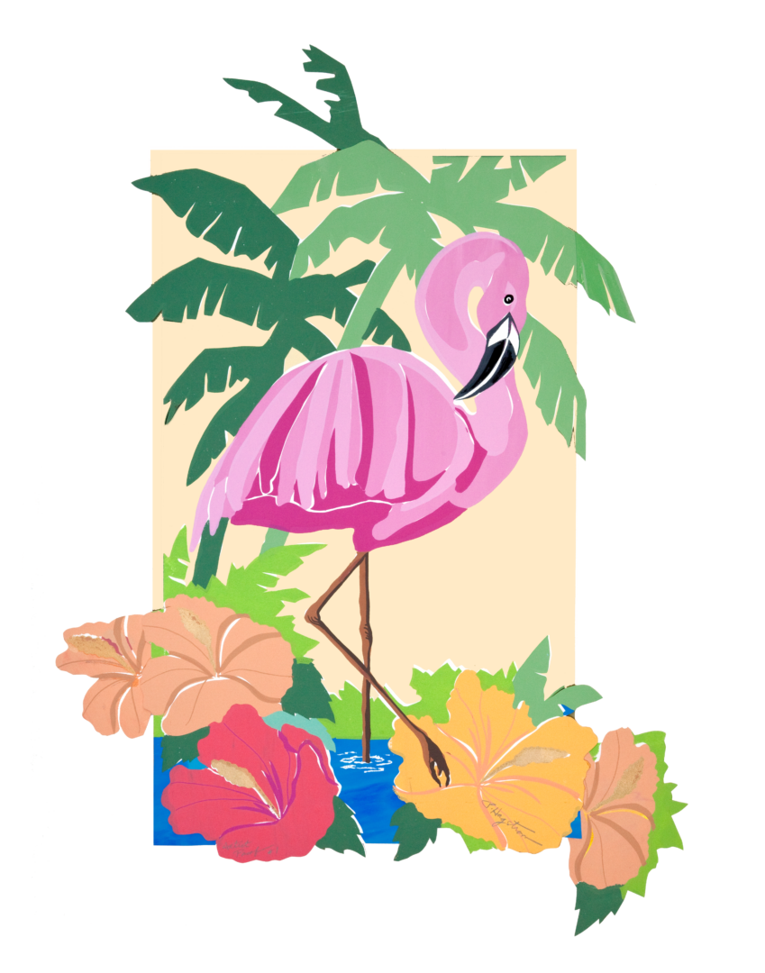 Flamingo with Hibiscus LEP-14 Framed $295 & Unframed $195